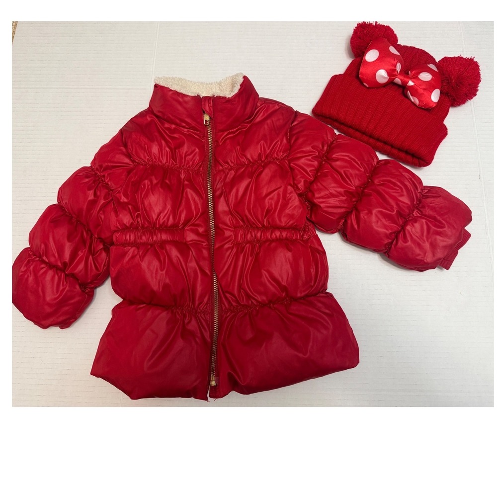 Old Navy Red Puffer Jacket and Minnie Mouse Pom Pom Beanie Set 18-24M Kids